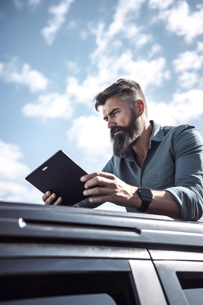 Fotografia de um homem usando um tablet digital no topo de seu carro criado com ia generativa