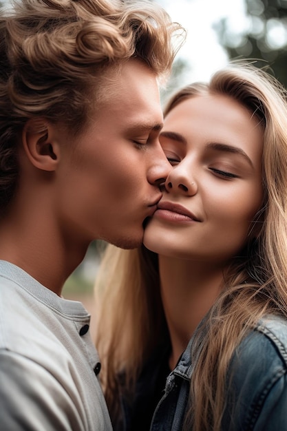 Fotografia de um jovem a beijar a namorada na bochecha.