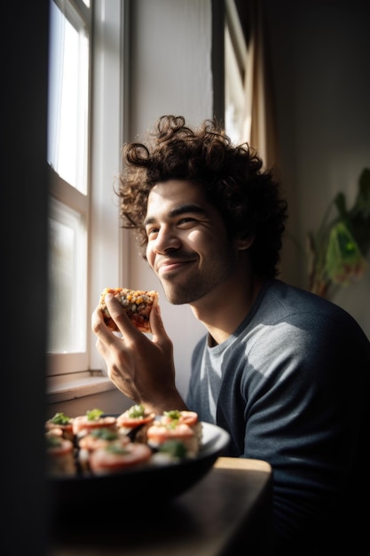 Fotografia de um jovem a comer sushi em casa.