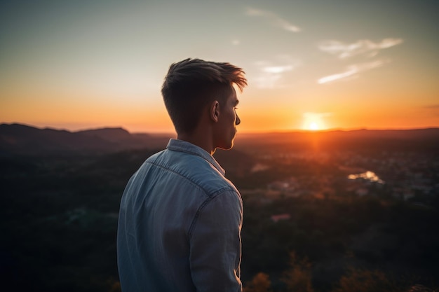 Fotografia de um jovem admirando a vista ao pôr-do-sol