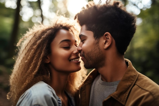 Fotografia de um jovem casal afetuoso passando um dia juntos na natureza criada com IA generativa