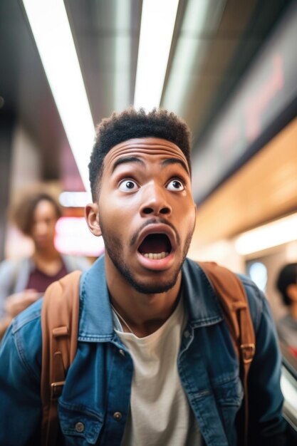 Foto fotografia de um jovem chocado enquanto estava de pé em uma escada rolante