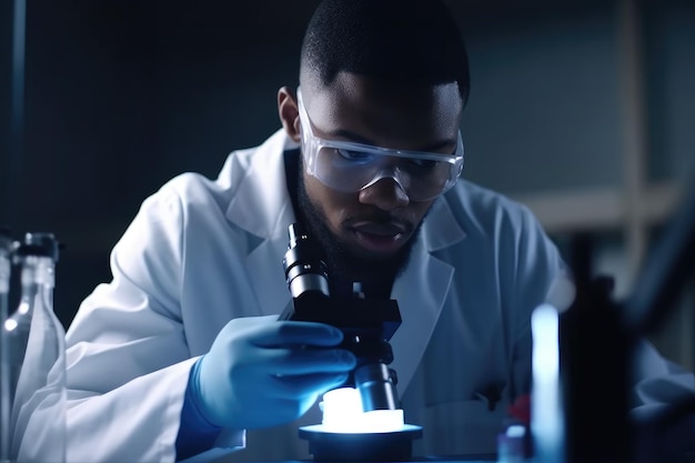 Fotografia de um jovem cientista masculino trabalhando com amostras em seu laboratório criadas com IA generativa