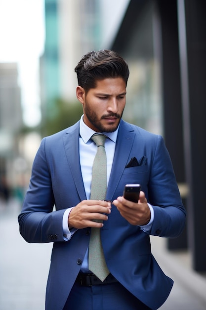 Fotografia de um jovem empresário usando um telefone celular contra um fundo urbano