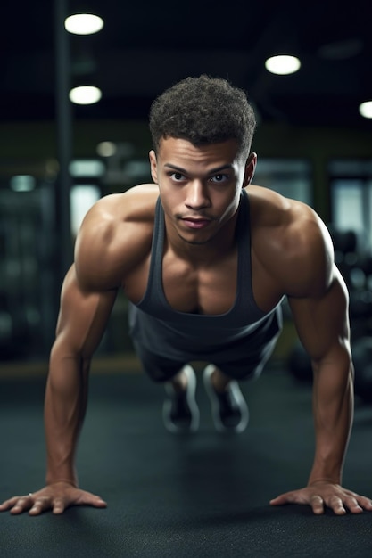 Fotografia de um jovem fazendo flexões no ginásio criada com IA generativa