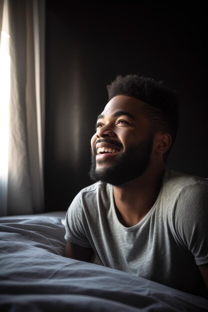 Foto fotografia de um jovem feliz relaxando em sua cama criada com ia generativa