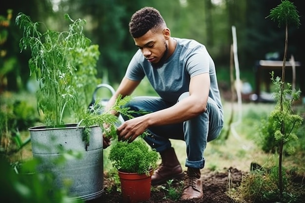 Fotografia de um jovem segurando e regando plantas em seu quintal criada com IA gerativa