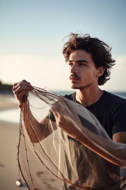 Fotografia de um jovem segurando uma rede na praia criada com IA generativa