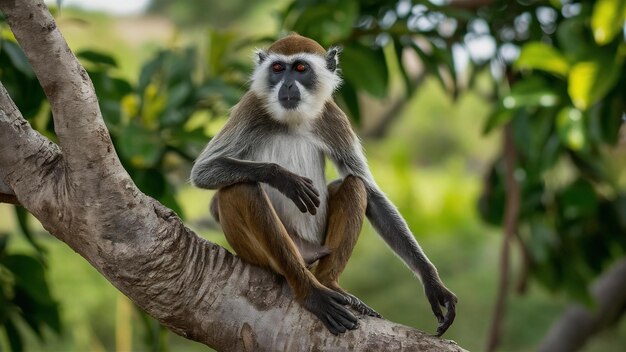 Fotografia de um langur castanho sentado em um galho de árvore no Senegal