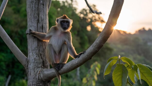 Foto fotografia de um langur castanho sentado em um galho de árvore no senegal