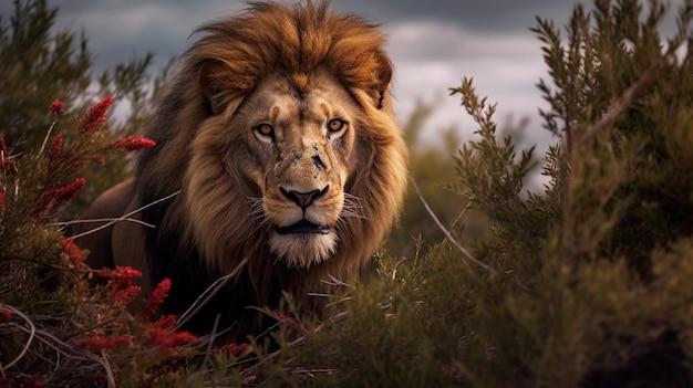 Fotografia de um leão caçando em seu habitat natural