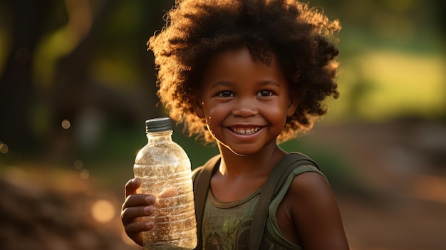 fotografia de um menino africano extremamente feliz com uma garrafa de água na mão