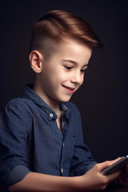 Fotografia de um menino alegre olhando para algo em seu tablet
