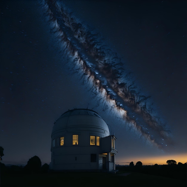 Fotografia de um observatório astronômico à noite enquanto observava as estrelas no céu