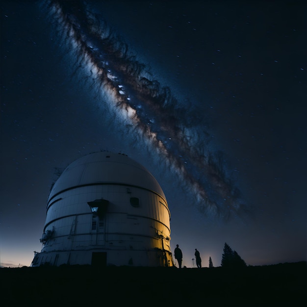 Fotografia de um observatório astronômico à noite enquanto observava as estrelas no céu