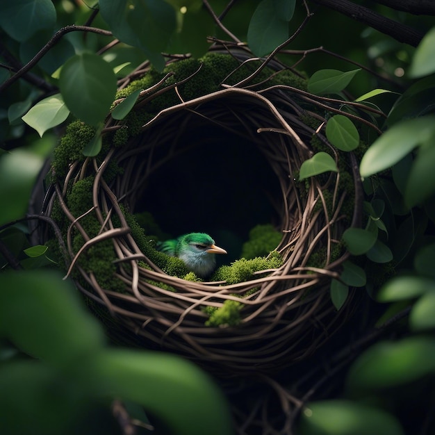 Fotografia de um pássaro em seu ninho na floresta tropical