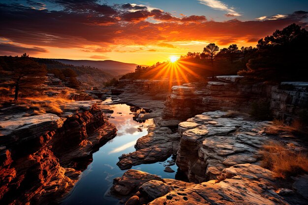 Foto fotografia de um penhasco majestoso adornado com a grandeza da natureza se aquecendo no abraço caloroso