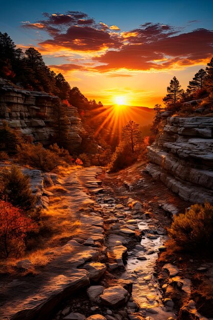 Foto fotografia de um penhasco majestoso adornado com a grandeza da natureza se aquecendo no abraço caloroso