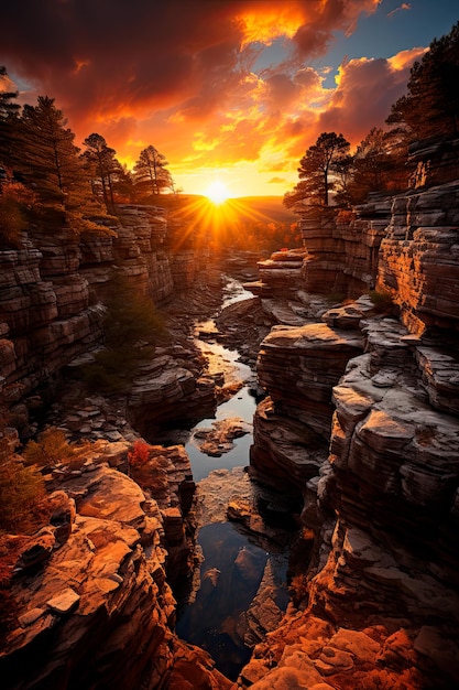 Foto fotografia de um penhasco majestoso adornado com a grandeza da natureza se aquecendo no abraço caloroso