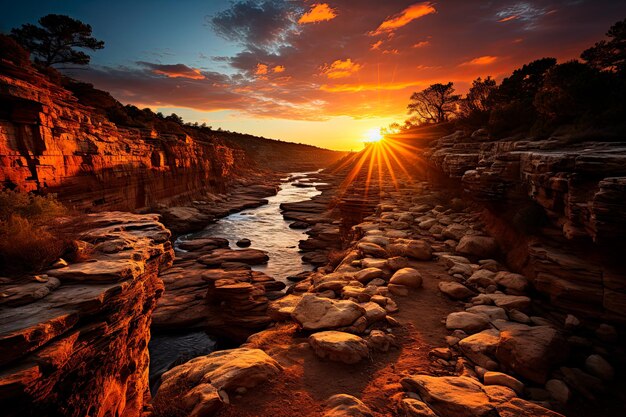 Foto fotografia de um penhasco majestoso adornado com a grandeza da natureza se aquecendo no abraço caloroso