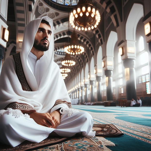 Foto fotografia de um peregrino muçulmano sentado em uma mesquita enquanto vestido para o hajj