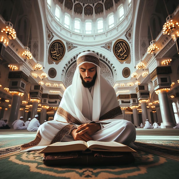 Foto fotografia de um peregrino muçulmano sentado em uma mesquita enquanto vestido para o hajj