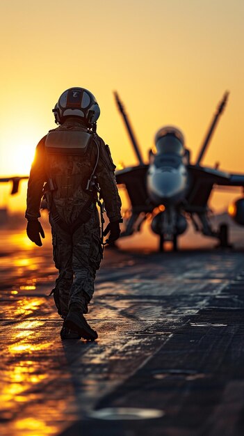 Fotografia de um piloto de caça F-18 deixando sua aeronave ao pôr do sol