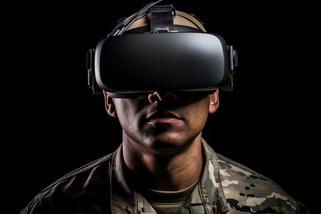 Fotografia de um soldado usando óculos de realidade virtual Tecnologia Militar VR