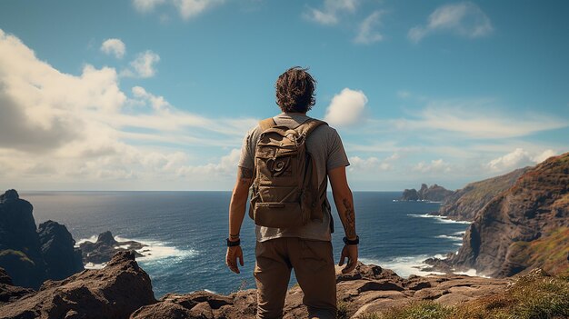 Foto fotografia de um turista na rocha