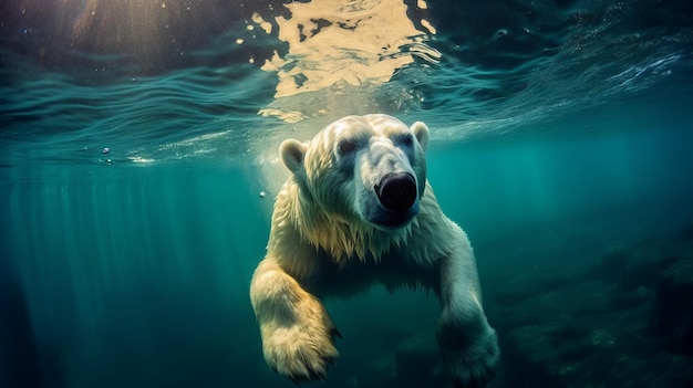 fotografia de um urso polar nadando debaixo d'água no oceano Ártico