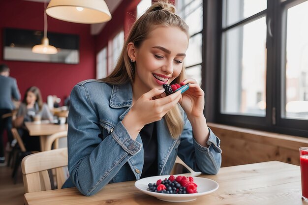 Foto fotografia de uma bela jovem a comer uma tigela de salada enquanto usa o telemóvel.