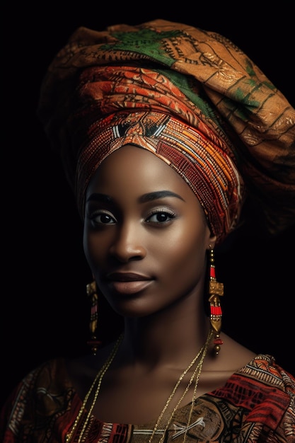 Fotografia de uma bela jovem com um tocado tradicional africano