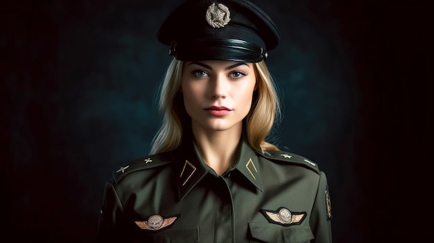 Fotografia de uma bela jovem em uniforme militar com distintivo do exército e chapéu AI Generated