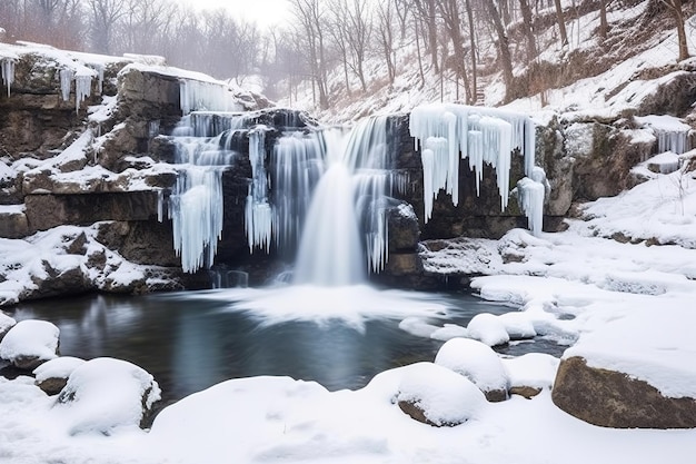 Foto fotografia de uma cachoeira congelada fluindo sobre a neve coberta por rochas