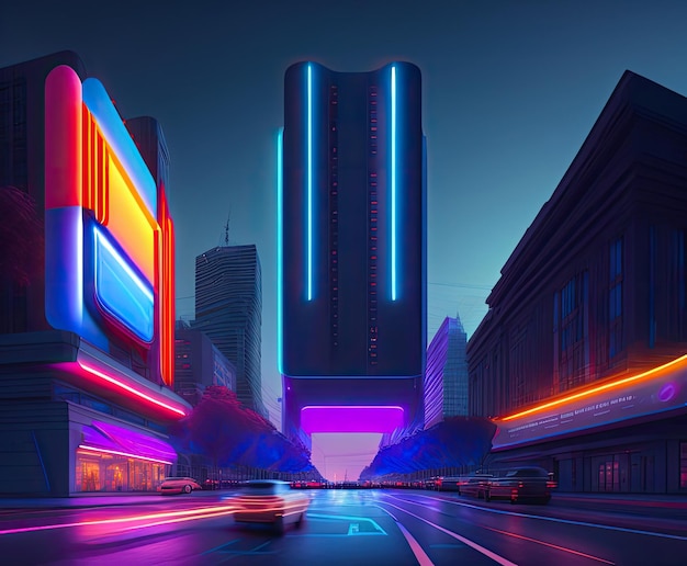 Fotografia de uma cidade futurista de néon com outdoors na rua 5