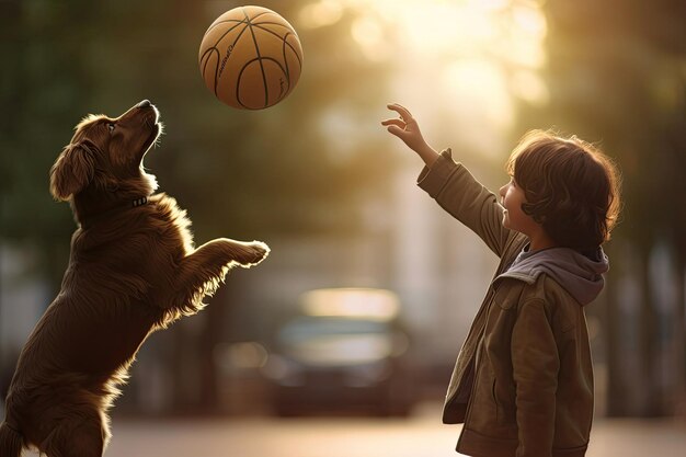 fotografia de uma criança se divertindo ao ar livre com um cachorro e uma bola de basquete