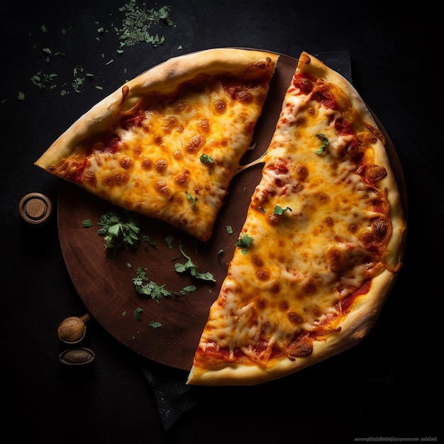 Fotografia de uma deliciosa fatia de pizza tirada de cima, capturando seu apelo saboroso e uma