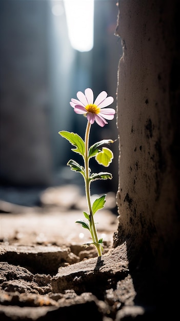 Fotografia de uma flor crescendo em medio del asfalto generada por IA
