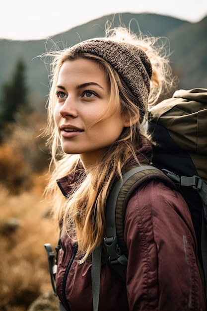 Fotografia de uma jovem a fazer uma caminhada na natureza criada com IA generativa