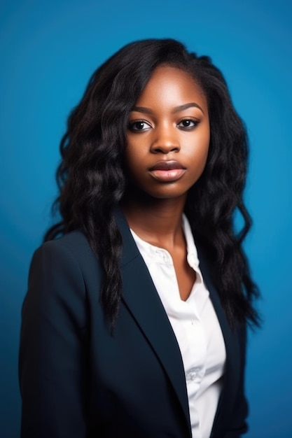 Fotografia de uma jovem africana de pé contra um fundo azul criado com AI generativa