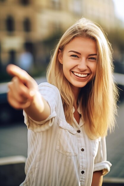 Foto fotografia de uma jovem apontando e sorrindo para a câmera