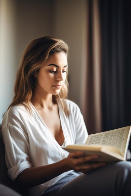 Fotografia de uma jovem atraente lendo um livro enquanto se relaxa em casa criada com IA generativa