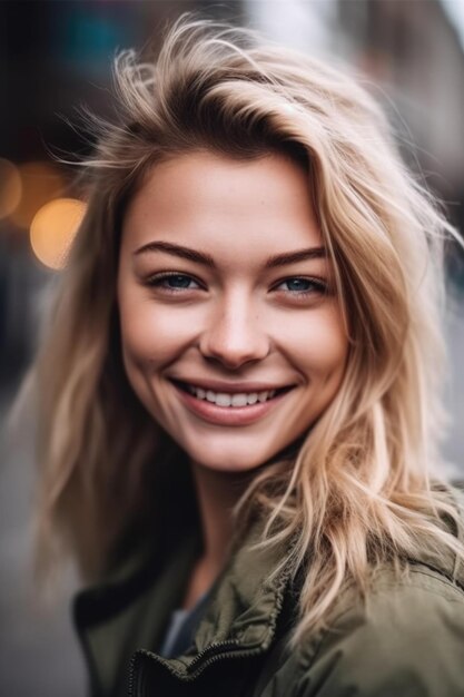 Fotografia de uma jovem atraente sorrindo ao ar livre