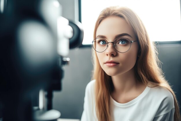 Fotografia de uma jovem com astigmatismo em um exame ocular em uma clínica