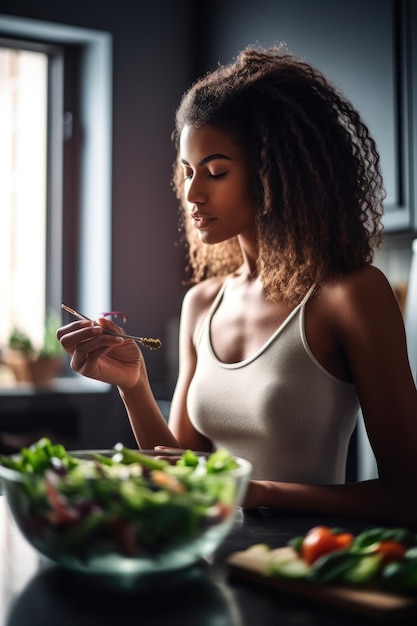 Fotografia de uma jovem comendo salada enquanto está de pé na cozinha criada com IA generativa