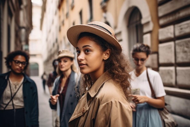 Fotografia de uma jovem conduzindo seus clientes em uma visita histórica guiada criada com IA generativa