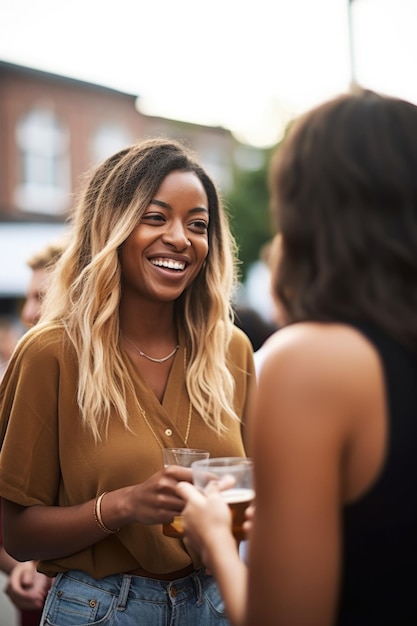 Fotografia de uma jovem dando gorjetas a sua amiga num evento ao ar livre