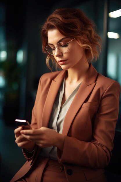 Fotografia de uma jovem empresária usando seu telefone no trabalho criada com IA generativa