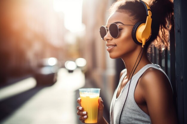Fotografia de uma jovem esportiva ouvindo música enquanto desfruta de uma bebida criada com IA generativa