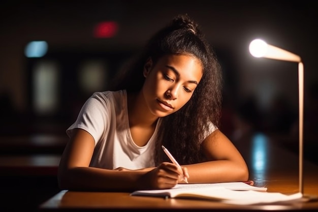 Foto fotografia de uma jovem estudando em sua mesa em uma sala de aula criada com ia generativa